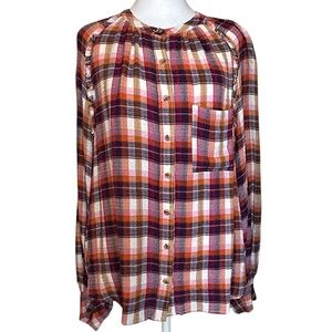 Anthropologie Pilcro Women’s XL Breezy Button-Down Plaid Shirt Top Rasberry Boho